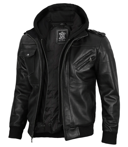 mens black leather jacket with removable hoodie