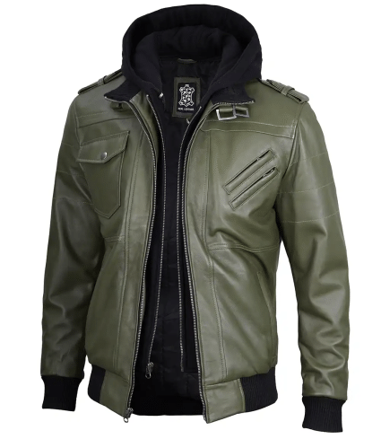 mens military green waxed leather jacket with removable hood