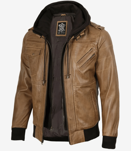 mens camel brown leather jacket with removable hood
