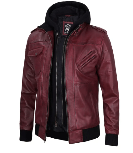 mens burgundy bomber leather jacket with removable hood