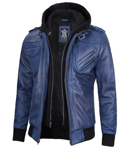 mens blue leather bomber jacket with removable hood