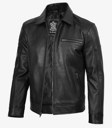 mens harrington style black leather jacket