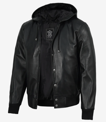 mens black leather varsity jacket with hood
