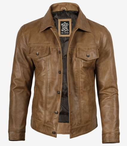 mens camel brown trucker leather jacket