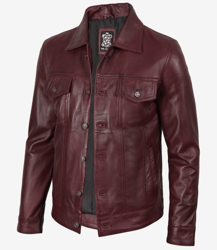 mens burgundy real leather trucker jacket