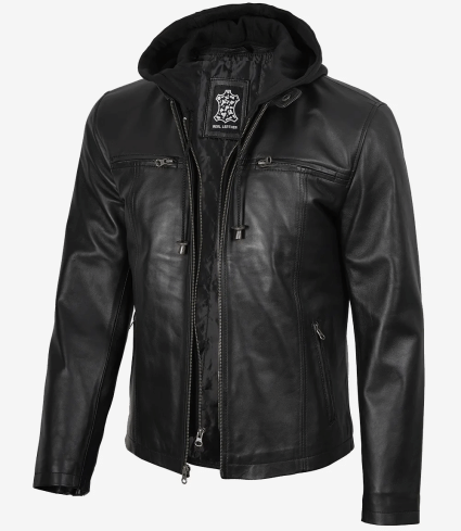 mens black cafe racer leather jacket with removable hood