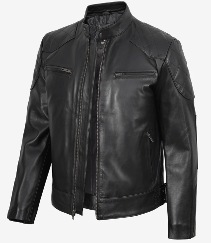 mens black quilted cafe racer leather jacket