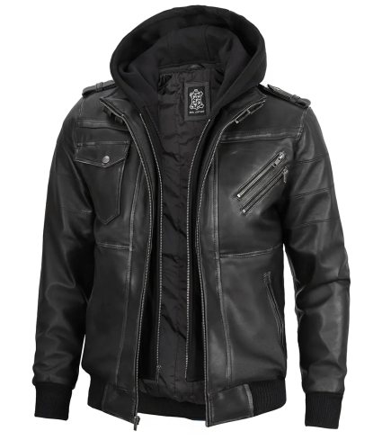 mens dark gray leather bomber jacket with removable hood