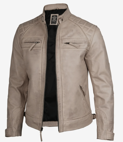 mens diamond beige wax cafe racer leather jacket